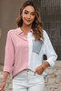 Dusty Pink Color Block/Pure Color Patch Pocket Shirt