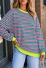 Rose Stripe Contrast Ribbed Trim Crossed Stitch Drop Shoulder Sweatshirt