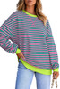 Rose Stripe Contrast Ribbed Trim Crossed Stitch Drop Shoulder Sweatshirt