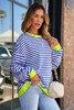 Sky Blue Stripe Striped Contrast Ribbed Trim Drop Shoulder Baggy Sweatshirt