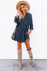 Blue Corduroy Shirt Style Full Button Long Sleeve Shift Mini Dress