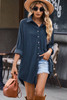 Blue Corduroy Shirt Style Full Button Long Sleeve Shift Mini Dress