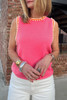 Bright Pink Contrast Trim Pearl Detail Sweater Tank Top