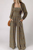 Brown Floral Print Western Smocked Bodice Square Neck Wide Leg Jumpsuit Brown Floral Print Western Smocked Bodice Square Neck Wide Leg Jumpsuit