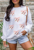 White Sequin Bow Baseball Patched Casual Sweatshirt