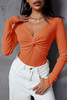 Orange Textured Twist Front V Neck Long Sleeve Slim Solid Color Top