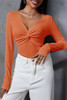 Orange Textured Twist Front V Neck Long Sleeve Slim Solid Color Top
