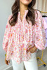Pink Floral Print Tassel Tie Smocked V Neck Puff Sleeve Tunic Blouse