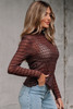 Coffee Sheer Mesh Patterned Lettuce Trim Slim Long Sleeve Top