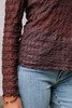 Coffee Sheer Mesh Patterned Lettuce Trim Slim Long Sleeve Top
