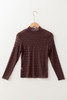 Coffee Sheer Mesh Patterned Lettuce Trim Slim Long Sleeve Top
