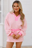 Pink Stripe Collared V Neck Drop Shoulder Pullover and Skort 2pcs Outfit Pink Stripe Collared V Neck Drop Shoulder Pullover and Skort 2pcs Outfit