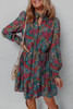 Green Floral Friled V Neck Puff Sleeve Ruffled Shirt Dress
