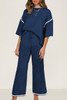 Navy Blue Contrast Trim Half Sleeve Top Drawstring Pants Loose 2pcs Sweater Suit