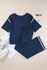 Navy Blue Contrast Trim Half Sleeve Top Drawstring Pants Loose 2pcs Sweater Suit
