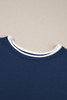 Navy Blue Contrast Trim Half Sleeve Top Drawstring Pants Loose 2pcs Sweater Suit