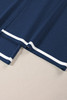 Navy Blue Contrast Trim Half Sleeve Top Drawstring Pants Loose 2pcs Sweater Suit
