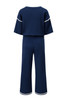 Navy Blue Contrast Trim Half Sleeve Top Drawstring Pants Loose 2pcs Sweater Suit