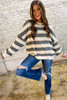 Khaki Stripe Crew Neck Drop Shoulder Pullover Sweatshirt