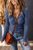 Sky Blue Textured Twist Front V Neck Long Sleeve Slim Solid Color Top