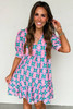 Pink Geometric Floral Print V Neck Ricrac Trim Short Sleeve Mini Dress