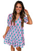 Pink Geometric Floral Print V Neck Ricrac Trim Short Sleeve Mini Dress