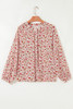 Red Floral Print Pleated Detail Notched Neck Puff Sleeve Blouse