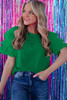 Dark Green Tulle Ruffle Sleeve Blouse