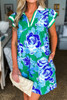 Bright Green Contrast Floral Print Collared V Neckline Ruffled Cap Sleeve Shift Dress with Pockets