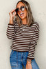 Brown Stripe Ribbed Cropped Crew Neck Long Sleeve T Shirt