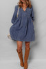 Sail Blue 3/4 Sleeve Tied V Neck Pleated Denim Mini Dress