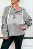 Gray Waffle Printed Patchwork Drawstring Hooded Long Sleeve Top
