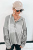 Gray Waffle Printed Patchwork Drawstring Hooded Long Sleeve Top