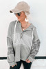 Gray Waffle Printed Patchwork Drawstring Hooded Long Sleeve Top