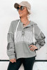 Gray Waffle Printed Patchwork Drawstring Hooded Long Sleeve Top