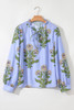 Sky Blue Floral Print Button Tie Neck Long Puff Sleeve Blouse