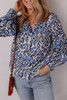 Blue Bohemian Print Embroidered V Neckline Detail Long Sleeve Shirt
