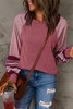 Mineral Red Contrast Print Striped Raglan Long Sleeve Loose Top