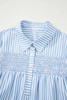 Sky Blue Stripe Shirred Detail Half Placket Collared Long Sleeve Fall Shirt