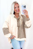 Khaki Stripe Stitched Detail Color Block Patchwork Oversized Pullover Top