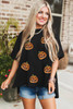 Black Sequin Jack-o-lantern Pattern Halloween Casual Tee