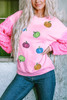 Pink Sequin Sleeve Pumpkin Pattern Thanksgiving Halloween Patchwork Pullover Top