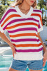 Rose Stripe V Neck Short Sleeve Sweater with Side Slits