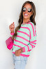 Green Stripe Round Neck Casual Sweater