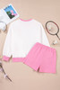 Strawberry Pink Color Block Pullover and Lace-up Elastic Waist Shorts Set Strawberry Pink Color Block Pullover and Lace-up Elastic Waist Shorts Set