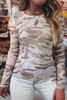 Green Western Fashion Camouflage Print Mesh Long Sleeve Top