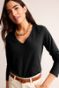 Black Solid Color V Neck Long Sleeve Stretchy Top