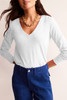 White Solid Color V Neck Long Sleeve Stretchy Top
