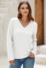 White Solid Color V Neck Long Sleeve Stretchy Top