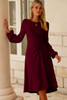 Burgundy Solid Color Ruched Detail Long Sleeve Midi Dress